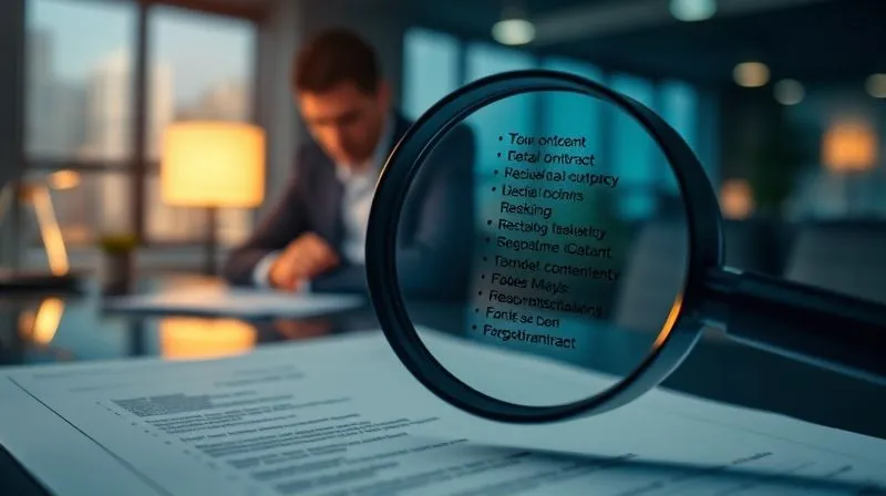 A photorealistic image of a magnifying glass hovering over a detailed, bullet-point list on a digital contract, emphasizing precision and clarity. The background shows a dimly lit, modern office with a focused professional. Cinematic lighting, sharp focus on the contract details, depth of field blurring the background, 8K hyper-detailed, professional photography.