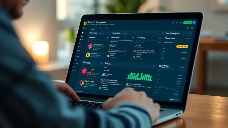 A photorealistic image of a professional freelancer using a project management dashboard on a laptop, with various tasks, deadlines, and progress bars clearly visible. The screen displays a clear, organized workflow. Cinematic lighting, sharp focus on the laptop screen, depth of field blurring the background, 8K hyper-detailed, professional photography.
