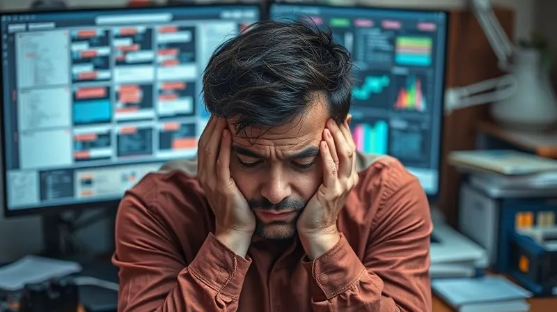 A photorealistic image of a frustrated freelancer, head in hands, looking at a complex project management board on a monitor, overwhelmed by tasks. The background is a messy desk, conveying stress and overwork. Cinematic lighting, sharp focus on the freelancer's face, depth of field blurring the background, 8K hyper-detailed, professional photography.
