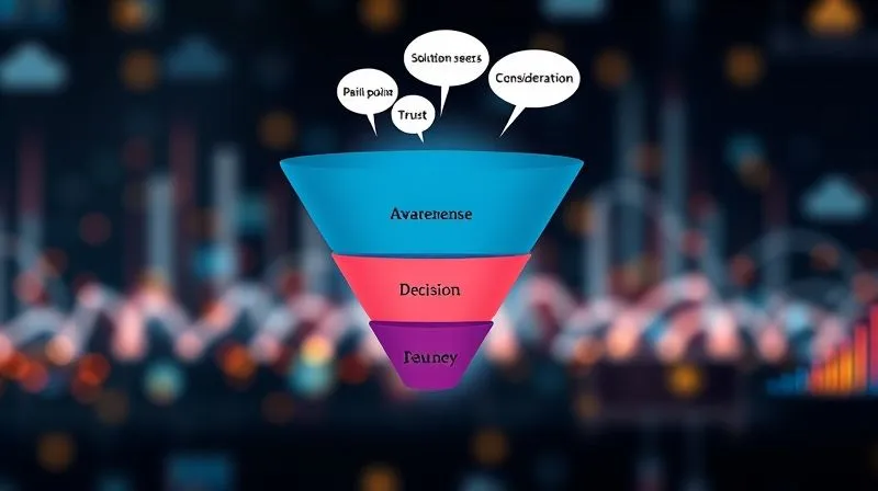 A photorealistic image depicting a stylized digital funnel, with different layers representing the stages of the SaaS buyer's journey: awareness, consideration, decision. Each layer shows thought bubbles with keywords like 'pain point', 'solution search', 'comparison', 'trust', 'commitment'. The funnel is illuminated with soft, strategic lighting, sharp focus on the progression, depth of field blurring a background of abstract data flows, 8K hyper-detailed, professional photography, shot on a high-end DSLR.