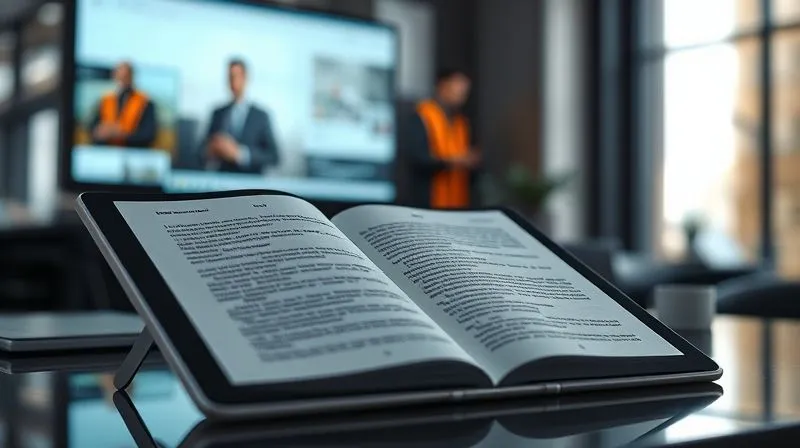 A photorealistic image of a beautifully designed, open e-book on a modern tablet, with a sleek SaaS interface visible in the background on a larger monitor. Cinematic lighting highlights the clarity of the text and the device screens. Sharp focus on the e-book content, depth of field blurring the tech office environment. 8K hyper-detailed, professional photography, shot on a high-end DSLR.