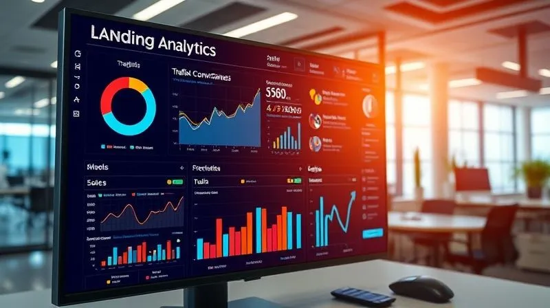 A photorealistic image of a vibrant, interactive data analytics dashboard displaying various metrics related to landing page performance, including conversion rates, traffic sources, and A/B test results. The screen is large and modern, with graphs and charts clearly visible. Cinematic lighting, sharp focus on the data visualization, depth of field blurring a modern office background. 8K hyper-detailed, professional photography, shot on a high-end DSLR.