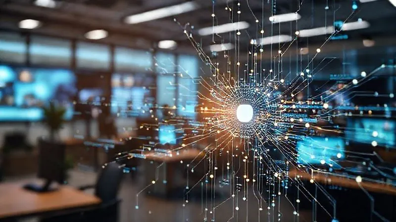 A photorealistic, professional photography, 8K, cinematic lighting, sharp focus, depth of field, shot on a high-end DSLR. A glowing, intricate neural network analyzing streams of text and images on a digital interface, with lines of data flowing into a central processing unit, symbolizing the AI's ability to understand and process complex information. The background is a blurred, modern newsroom.