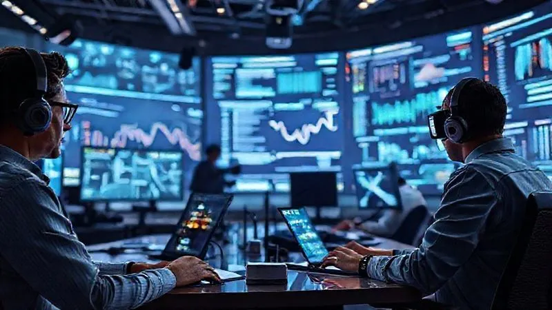 A photorealistic, professional photography, 8K, cinematic lighting, sharp focus, depth of field, shot on a high-end DSLR. A futuristic newsroom where journalists collaborate seamlessly with advanced AI interfaces. Holographic screens display real-time data analysis and fact-checking results, while journalists engage in deep investigative work, symbolizing a harmonious human-AI partnership in the fight against misinformation. The atmosphere is one of innovation and focused determination.