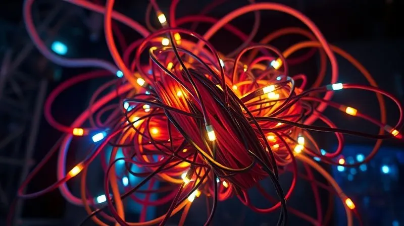 A photorealistic image of a tangled knot of digital cables and wires, with some glowing brightly and others dim, representing the complexity and potential bottlenecks of an unoptimized website. Cinematic lighting, 8K, sharp focus, depth of field.