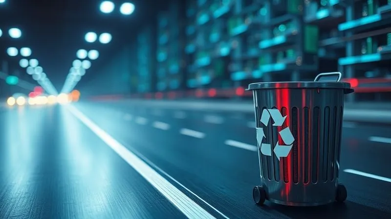 A photorealistic image of a digital road with data packets flowing smoothly and quickly, while unnecessary data is being siphoned off into a recycling bin on the side. Cinematic lighting, 8K, sharp focus.