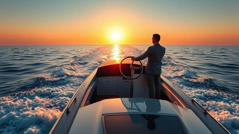 A photorealistic image of a person standing confidently at the helm of a sleek, fast-moving digital ship, navigating through a clear, high-speed data ocean. The sun is rising, symbolizing new beginnings and efficiency. Cinematic lighting, 8K, sharp focus.