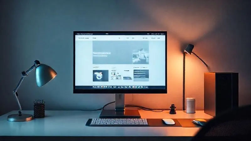 A photorealistic image of a minimalist desk setup with a single, powerful computer monitor displaying a clean website interface, emphasizing efficiency and focus. Cinematic lighting, sharp focus, depth of field, 8K hyper-detailed.
