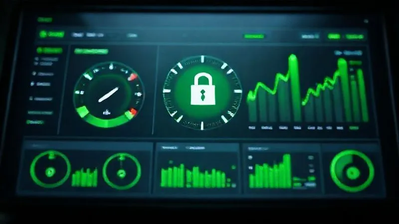 A photorealistic image of a digital dashboard showing green metrics for website speed and security, with upward trending graphs and a padlock icon. Professional, clean design with cinematic lighting, sharp focus, depth of field, 8K hyper-detailed.