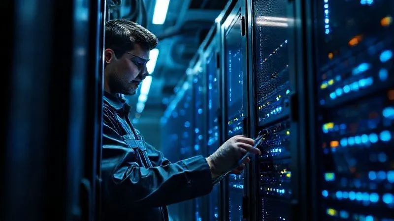 A photorealistic image of a skilled technician meticulously maintaining server racks in a data center, with glowing blue lights and a sense of precision and diligence. Cinematic lighting, sharp focus, depth of field, 8K hyper-detailed.