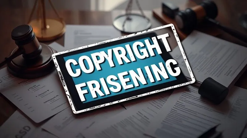 A photorealistic image of a digital tablet displaying an online course, with a large, translucent 'COPYRIGHT INFRINGEMENT' stamp overlaid, surrounded by scattered legal documents and a gavel. The atmosphere is tense and serious, with dramatic, cinematic lighting. 8K hyper-detailed, professional photography, shot on a high-end DSLR.
