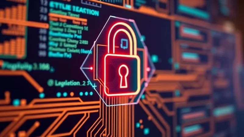 A photorealistic image of a secure digital padlock icon on a screen displaying an online learning platform, with data flowing securely in the background. The scene emphasizes data privacy and cybersecurity in education, with glowing circuit lines. Professional photography, cinematic lighting, 8K, sharp focus, depth of field. Shot on a high-end DSLR.