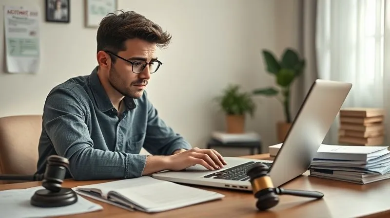 A photorealistic image of a frustrated student looking at an online course interface on a laptop, surrounded by legal documents and a small 'PROCON' logo subtly visible. The scene evokes consumer protection issues in EAD, with soft, yet serious cinematic lighting. 8K hyper-detailed, professional photography, shot on a high-end DSLR.