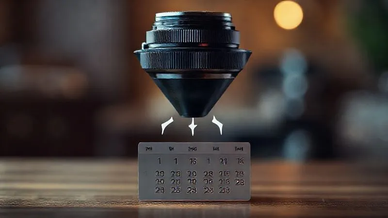 A photorealistic representation of a sales funnel with a vintage camera lens at the top, flowing into a calendar filled with booked appointments at the bottom. The funnel is sleek and modern, with arrows indicating the flow of potential clients. Cinematic lighting, sharp focus on the camera and calendar, depth of field blurring the background. 8K hyper-detailed, professional photography.