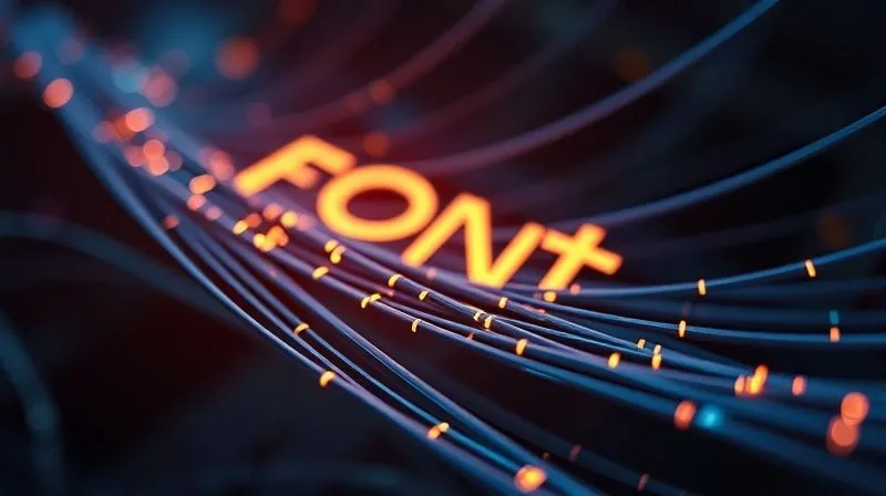 A photorealistic, professional photography, 8K, cinematic lighting, sharp focus, depth of field, shot on a high-end DSLR, showing a stylized representation of data packets flowing rapidly through fiber optic cables, with subtle glowing lines forming abstract letter shapes, symbolizing fast font loading.