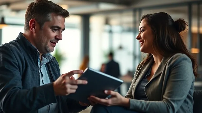 A photorealistic image of two people engaged in a deep, empathetic conversation in a modern, brightly lit co-working space, one person actively listening and taking notes on a tablet, the other speaking animatedly. The scene conveys genuine connection and understanding, with soft, cinematic lighting and sharp focus on their expressions. 8K, professional photography, depth of field blurring the background, shot on a high-end DSLR.