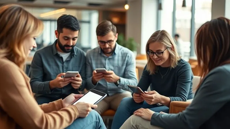 A photorealistic image of a diverse group of users interacting with a minimalist, clean-designed mobile application prototype on various devices (smartphone, tablet) in a modern, collaborative office environment. The scene highlights user engagement and intuitive design, with soft, natural lighting and sharp focus on the screens and user expressions. 8K, professional photography, depth of field blurring the background, shot on a high-end DSLR.