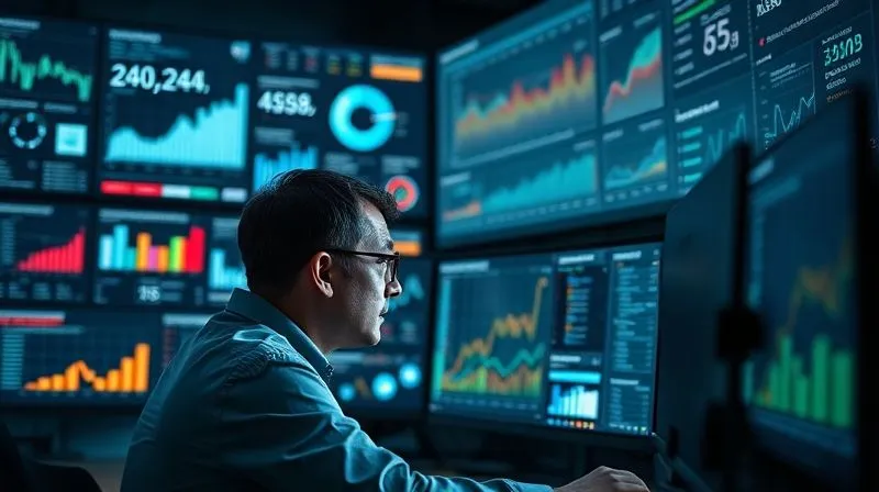 A photorealistic image of a data analyst intently examining a complex dashboard filled with various charts, graphs, and key performance indicators (KPIs) on multiple large monitors in a dimly lit, high-tech office. The scene conveys focus and the power of data visualization for decision-making, with cinematic lighting highlighting the screens. 8K, professional photography, sharp focus on the data and analyst, depth of field blurring the background, shot on a high-end DSLR.