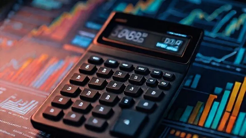 A photorealistic image of a calculator displaying complex tax calculations, surrounded by digital graphs showing financial optimization and growth, representing smart tax planning for digital businesses. Professional photography, 8K, cinematic lighting, sharp focus on the calculator, depth of field.
