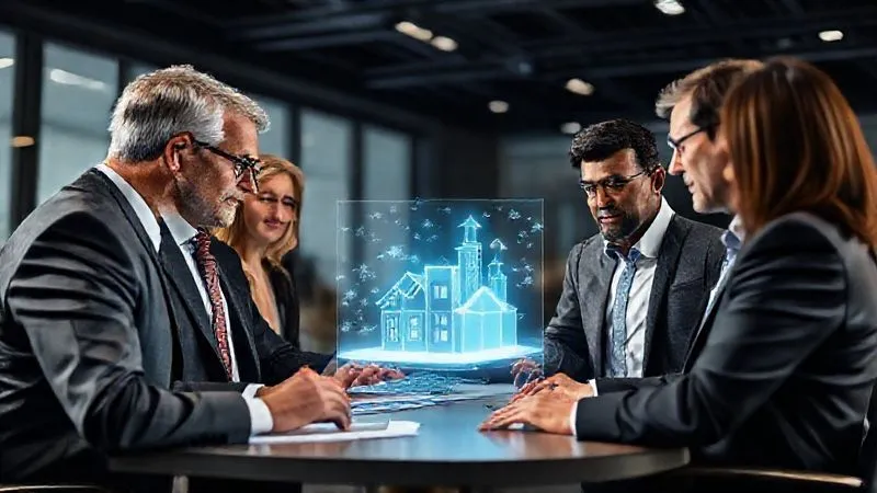 A photorealistic image of a diverse team of legal and financial consultants collaborating around a holographic projection of a growing digital business, offering expert advice. Professional photography, 8K, cinematic lighting, sharp focus on the collaboration, depth of field.