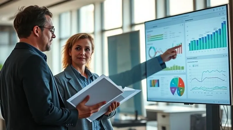 A photorealistic image of two people, one a creative expert holding a notepad with ideas and the other a business strategist pointing at a digital dashboard with analytics, collaboratively brainstorming in a modern, sunlit office. Cinematic lighting, sharp focus on their interaction, depth of field. 8K hyper-detailed, professional photography.