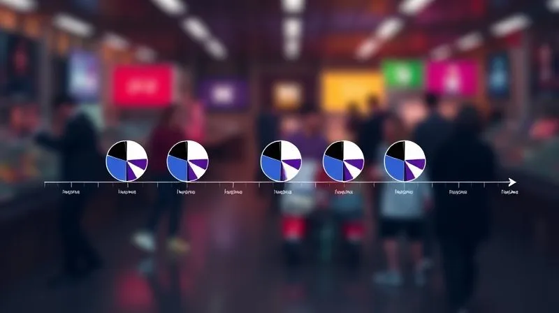 A photorealistic image showing a timeline with distinct segments, each segment having different sized pie charts representing changing revenue splits. The timeline is clean and modern, set against a blurred background of evolving digital marketing campaigns. Cinematic lighting, sharp focus on the timeline. 8K hyper-detailed, professional photography.