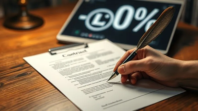 A photorealistic image of a vintage-style quill pen signing a contract on a wooden desk, with a modern digital tablet in the background displaying a copyright symbol and a percentage sign. Cinematic lighting, sharp focus on the pen and contract, depth of field. 8K hyper-detailed, professional photography.