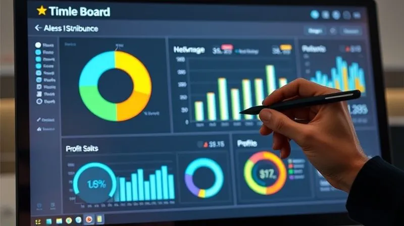 A photorealistic image of a modern dashboard on a computer screen, displaying a clear pie chart of revenue distribution, bar graphs of sales performance, and numbers indicating profit splits. A hand with a stylus is interacting with the screen. Cinematic lighting, sharp focus on the screen, depth of field. 8K hyper-detailed, professional photography.