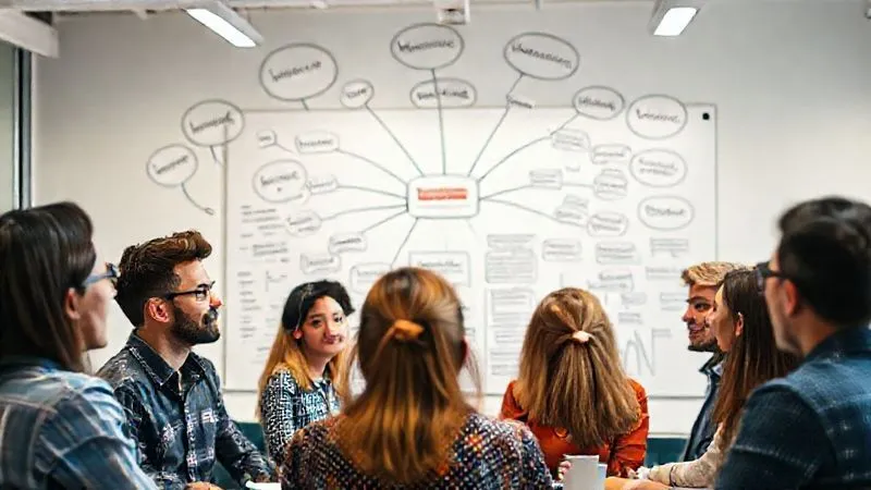 A photorealistic image of a diverse group of people brainstorming in a modern, brightly lit co-working space, with thought bubbles above their heads containing keywords and problem statements. A large whiteboard in the background shows a mind map of market research data. Cinematic lighting, sharp focus on the group, depth of field, 8K hyper-detailed, professional photography, shot on a high-end DSLR.