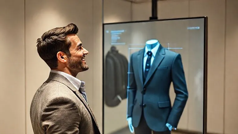 A photorealistic image of a stylish man in his late 20s, smiling confidently while looking at a virtual mirror display in a clean, modern fitting room. The display shows a 3D avatar of himself wearing a perfectly fitting virtual jacket, with subtle data overlays indicating measurements and fit points. Cinematic lighting, sharp focus on the man and the screen, depth of field blurring the background, 8K hyper-detailed, professional photography, shot on a high-end DSLR.