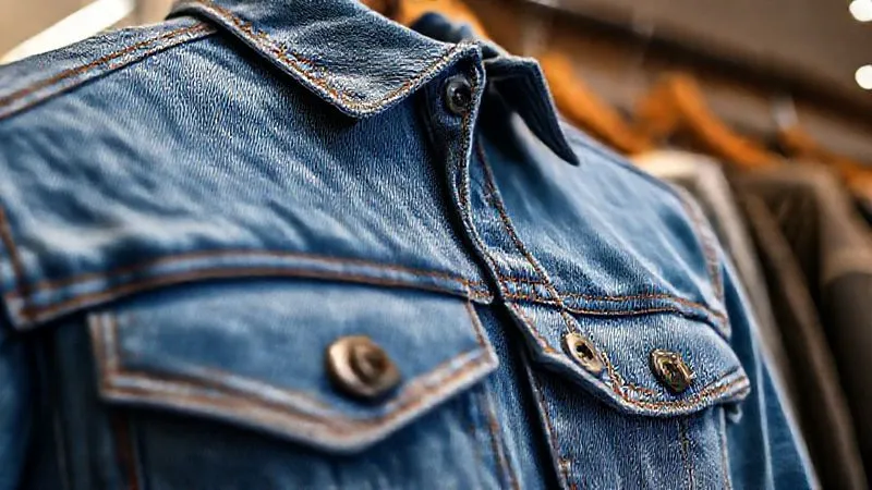 A photorealistic close-up shot of a high-quality men's denim jacket, meticulously detailed with visible stitching, texture of the fabric, and small metal buttons. The lighting is soft and even, highlighting the material's quality. A subtle digital overlay displays key features like '100% Organic Cotton' and 'Slim Fit', with a blurred background of a modern clothing rack. 8K hyper-detailed, professional photography, shot on a high-end DSLR.