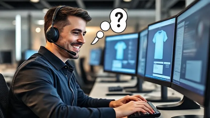 A photorealistic image of a customer support agent (male, professional) wearing a headset, smiling slightly while typing on a keyboard in front of multiple screens displaying chat interfaces and order details. A thought bubble above his head shows a question mark next to a t-shirt, indicating a customer query about sizing. The background is a clean, modern call center environment. Cinematic lighting, sharp focus on the agent, depth of field blurring the background, 8K hyper-detailed, professional photography, shot on a high-end DSLR.