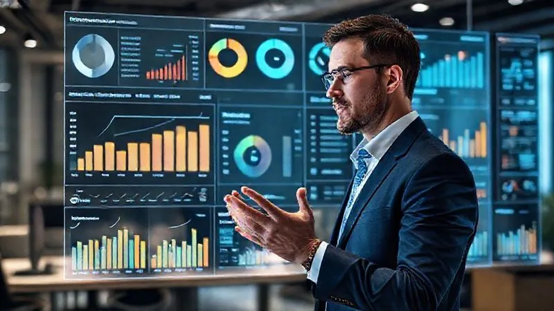 A photorealistic image of a complex data dashboard projected holographically in a modern office space, displaying various charts and graphs related to e-commerce returns (e.g., return rates by product, return reasons pie chart, cost of returns bar graph). A focused business analyst (male, professional) is interacting with the data using hand gestures, surrounded by a subtle digital glow. Cinematic lighting, sharp focus on the dashboard and the analyst, depth of field blurring the background, 8K hyper-detailed, professional photography, shot on a high-end DSLR.