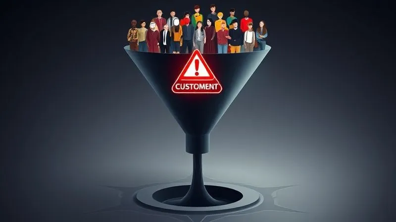 A photorealistic infographic showing a funnel with a significant leak at the bottom, symbolizing customer churn. On the top, a stream of diverse users entering, and fewer coming out. The leak should be prominently highlighted with a red warning sign. Professional photography, 8K, cinematic lighting, sharp focus, depth of field, shot on a high-end DSLR.