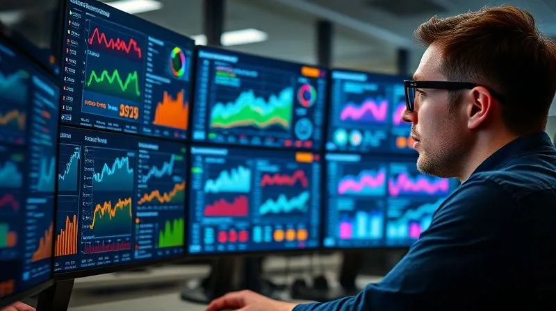 A photorealistic image of a data analyst looking intently at a complex dashboard on multiple screens, filled with colorful graphs and charts representing user behavior and churn metrics. Cinematic lighting, sharp focus on the analyst's face and the screens, depth of field blurring the office background, 8K hyper-detailed, professional photography.