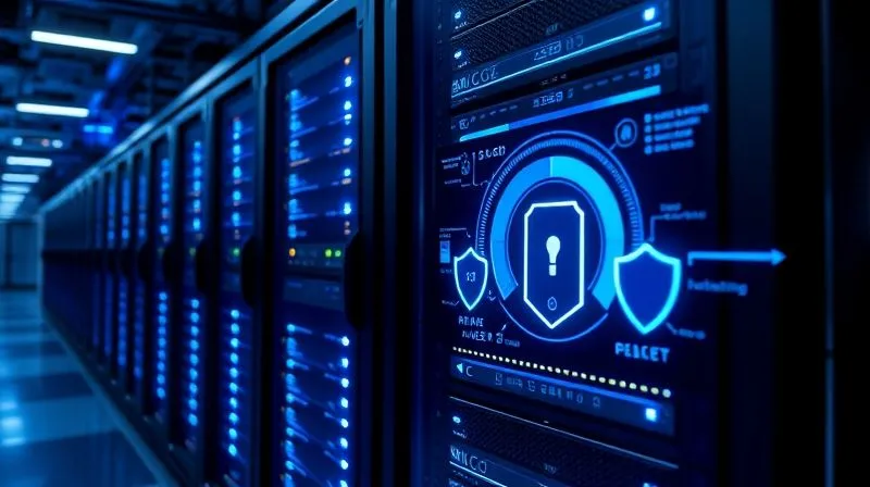 A photorealistic image of a complex server rack with glowing blue lights, representing high-performance website infrastructure. A digital overlay shows graphs of website speed metrics and security shields, all in a futuristic, sleek data center environment. Cinematic lighting, sharp focus, 8K hyper-detailed.