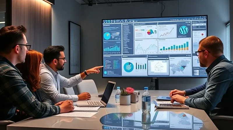 A photorealistic image of a team of diverse professionals collaborating around a modern conference table, looking at a large screen displaying complex WordPress performance metrics and security dashboards. One person points at a specific data point, while others nod in agreement. The atmosphere is collaborative and focused, with cinematic lighting, sharp focus, 8K hyper-detailed.