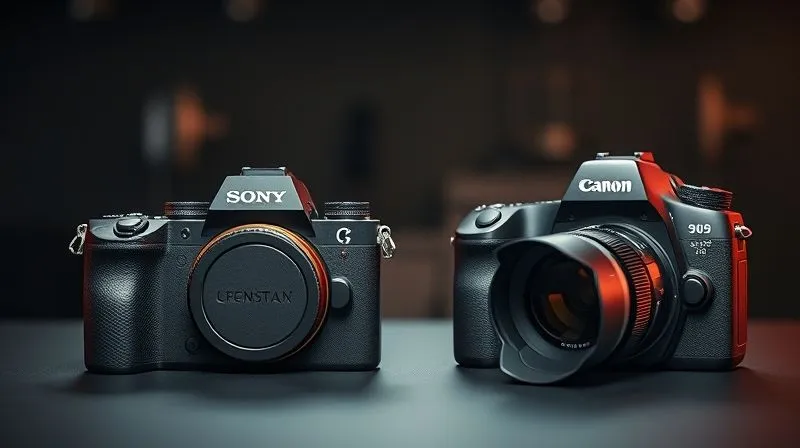 Photorealistic, professional photography, 8K, cinematic lighting, a sleek, modern mirrorless camera (e.g., Sony Alpha A7R V) with a prime lens mounted, positioned next to a robust, classic DSLR camera (e.g., Canon 5D Mark IV) on a clean, dark surface. Both cameras are in sharp focus, showcasing their design differences, with a blurred background of a photography studio. Depth of field, shot on a high-end DSLR.