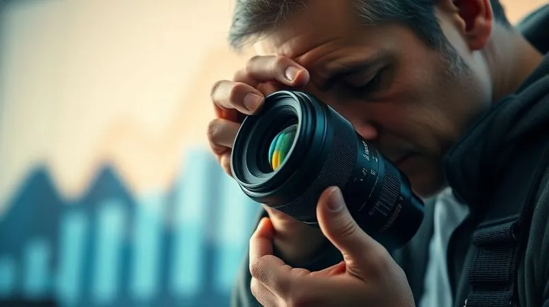 Photorealistic, professional photography, 8K, cinematic lighting, a photographer carefully examining a high-end prime lens, reflecting thoughtful consideration for investment. In the background, a blurred silhouette of a financial chart showing upward growth. The scene conveys intelligence and strategy in equipment choices. Sharp focus on the lens, depth of field, shot on a high-end DSLR.
