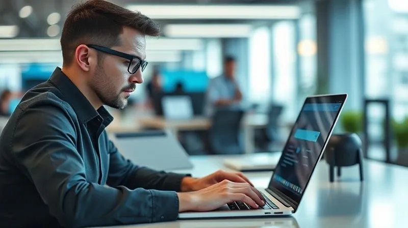 A user looking frustrated and impatiently at a slow-loading webpage on a modern laptop, with a blurred background of a bustling, tech-oriented office environment, conveying a sense of lost opportunity and digital frustration. Photorealistic, professional photography, 8K, cinematic lighting, sharp focus, depth of field, shot on a high-end DSLR.