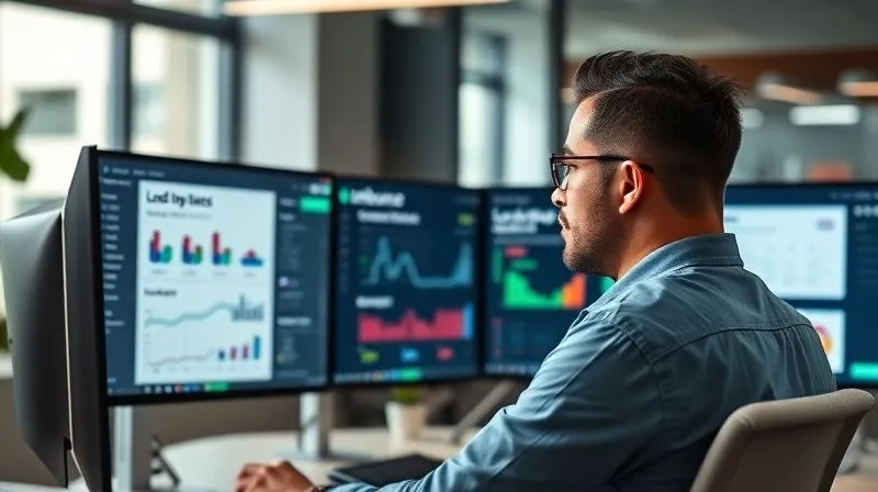 A professional marketer looking thoughtfully at a multi-screen setup, each screen displaying a different landing page builder interface (Unbounce, Leadpages, Instapage), comparing features and performance metrics on a dashboard. The scene is set in a modern, well-lit office, emphasizing strategic decision-making and technological comparison. Photorealistic, professional photography, 8K, cinematic lighting, sharp focus, depth of field, shot on a high-end DSLR.