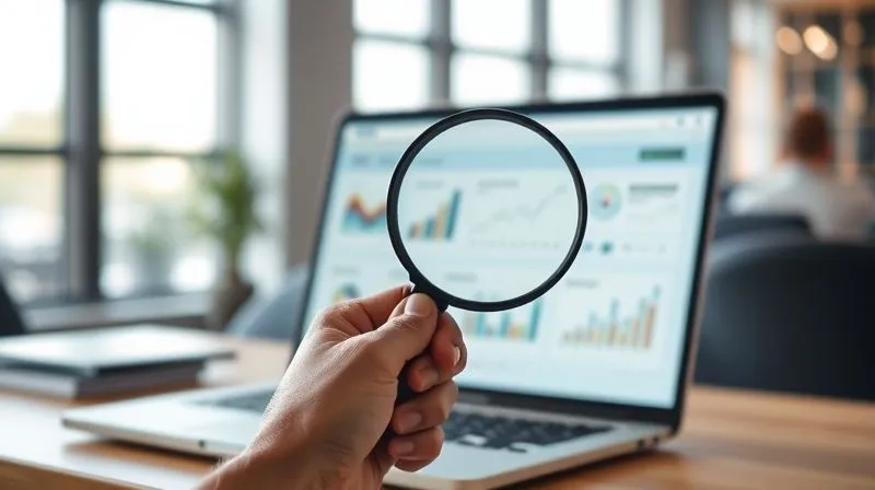 A hand holding a magnifying glass over a laptop screen displaying a landing page with various analytical charts and data points, symbolizing data-driven optimization and meticulous analysis. The background is a blurred, modern workspace. Photorealistic, professional photography, 8K, cinematic lighting, sharp focus, depth of field, shot on a high-end DSLR.