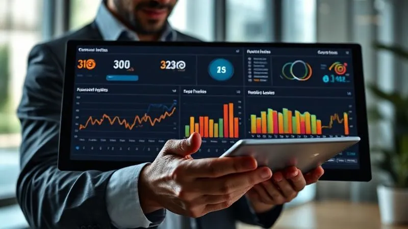 A photorealistic image showing a digital dashboard with various marketing metrics (conversion rates, traffic, leads) displayed on a tablet, with a focused professional analyzing the data, cinematic lighting, sharp focus, 8K.