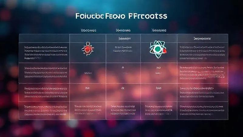 A photorealistic infographic comparing key features of Laravel, Django, React, Angular, Vue.js, Node.js/Express, and Spring Boot, using modern UI elements, clean lines, and subtle glow effects. Cinematic lighting, sharp focus, depth of field, 8K hyper-detailed, shot on a high-end DSLR.