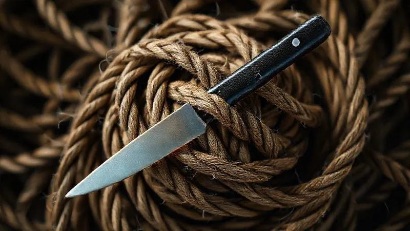 A photorealistic image of a complex, tangled knot of thick, old ropes, with a single, glowing, sharp knife poised to cut through a specific section, symbolizing the challenge of untangling legacy systems and the precision needed for modernization. Cinematic lighting, sharp focus on the knot and knife, depth of field blurring the background, 8K hyper-detailed, shot on a high-end DSLR.