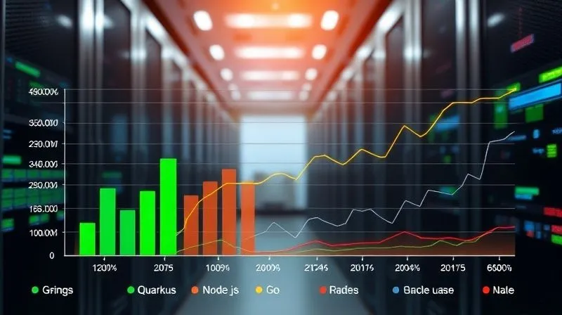 A photorealistic comparison chart showing the performance, resource usage, and development speed of Spring Boot, Quarkus, Node.js, and Go, with distinct bar graphs and line charts, all glowing with digital light. Cinematic lighting, sharp focus, depth of field blurring a background of servers, 8K hyper-detailed, professional photography.