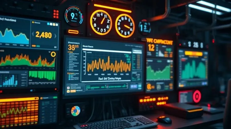 A photorealistic, professional photography shot of a complex, futuristic dashboard with multiple glowing screens displaying real-time metrics, graphs, and logs for a microservices architecture. Cinematic lighting, sharp focus on the central screen, depth of field blurring the surrounding tech, 8K hyper-detailed.