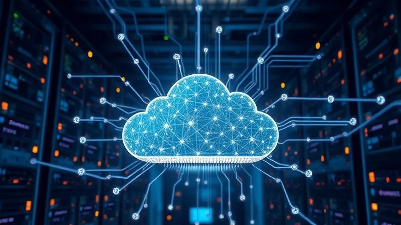 A photorealistic, professional photography, 8K image of a complex cloud computing infrastructure, with interconnected servers represented by glowing nodes and data streams flowing between them, illustrating scalability and redundancy. Cinematic lighting, sharp focus on the central cloud architecture, depth of field blurring the background, shot on a high-end DSLR.