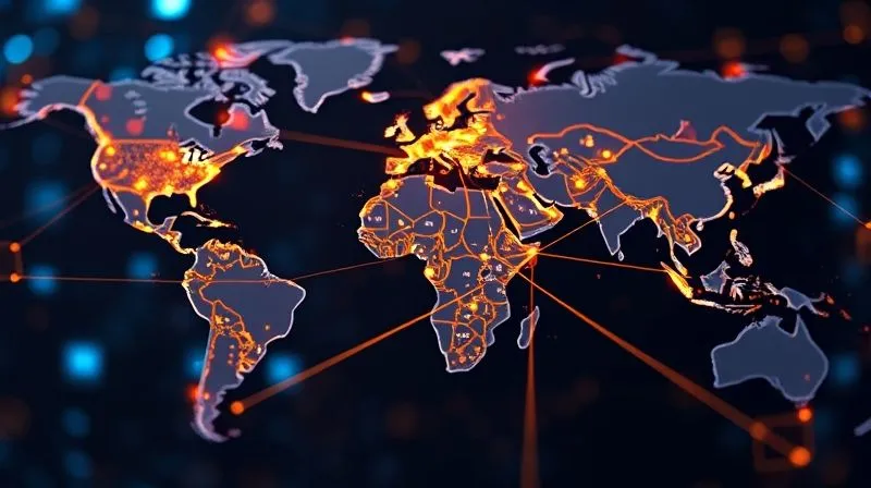 A photorealistic, professional photography, 8K image of a global network map with glowing lines connecting various data centers (represented by small server rack icons), emphasizing the distribution and speed of a Content Delivery Network (CDN). Cinematic lighting, sharp focus on the network visualization, depth of field blurring the background, shot on a high-end DSLR.