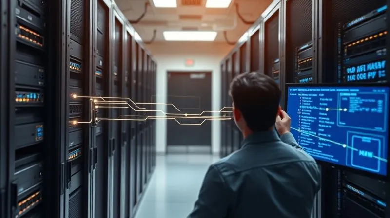 A photorealistic, professional photography, 8K image showing digital data being transferred between two server racks, one old and one new, with glowing lines representing the migration process. A person in a data center environment is overseeing the process on a monitor. Cinematic lighting, sharp focus on the data transfer, depth of field blurring the background, shot on a high-end DSLR.